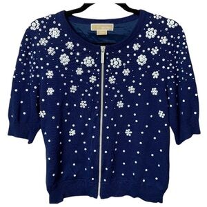 Nwt Michael Kors Embellished Sapphire Zippered Short Sleeve Cardigan Sweater